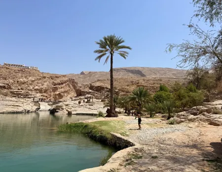 Ved Wadi Bani Khalid er det muligt at gå dybere ind i wadien og lade sig køle ned i det friske vand. Foto Anja Schmidt
