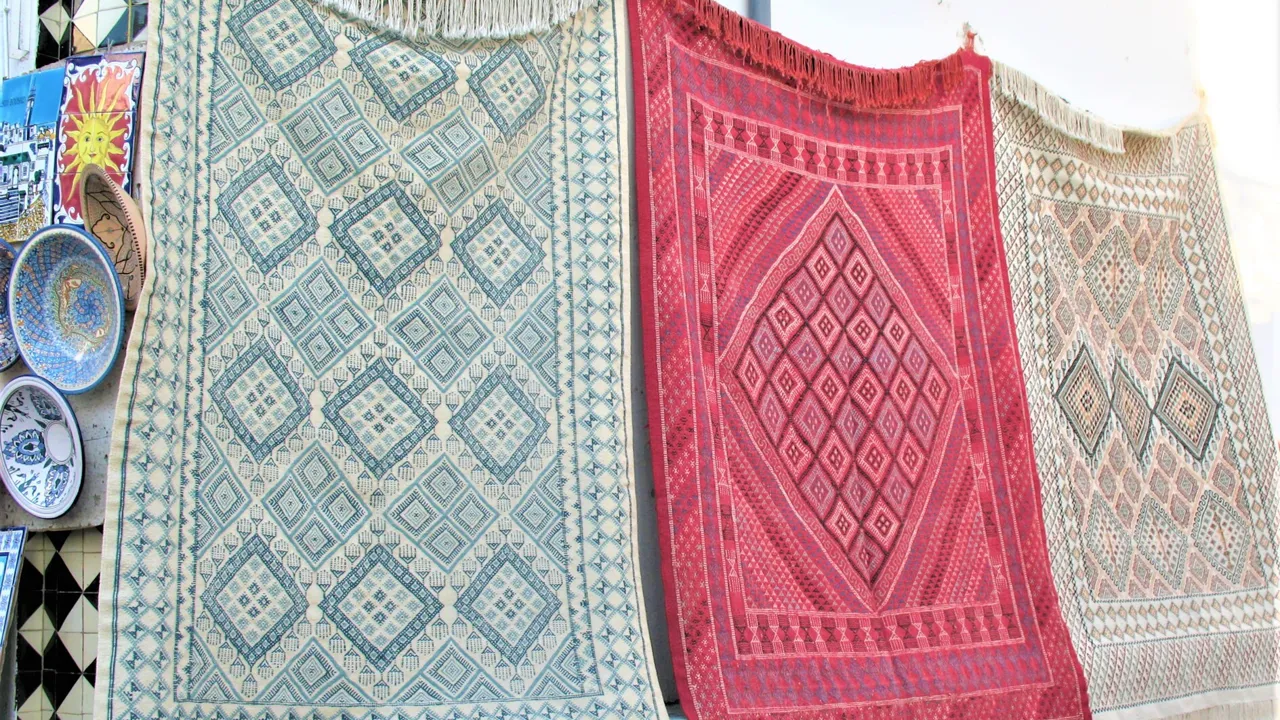 Som i andre Mellemøstlige lande, ser vi også smukke vævede tæpper i Tunesien. Foto Viktors Farmor