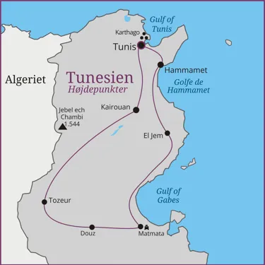 Kort over rejsen til Tunesien: Tunis - Karthago - Kairouan - Tozeur - Matmata - El Jem - Hammamet