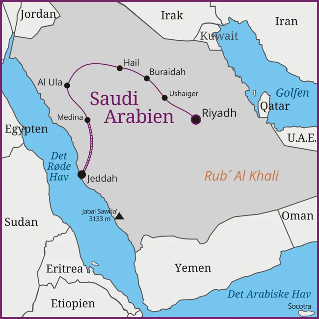 Kort over rejsen til Saudi Arabien - Riyadh - Buraidah - Hail - Al Ula - Jeddah