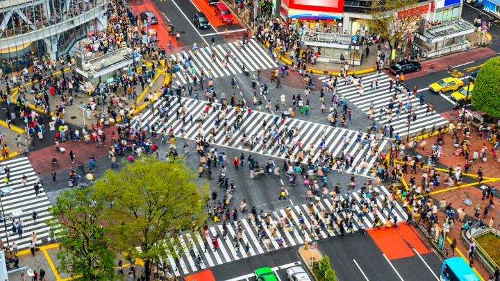 Fodgængerfelt på japansk, set fra oven i Tokyo. Foto Viktors Farmor