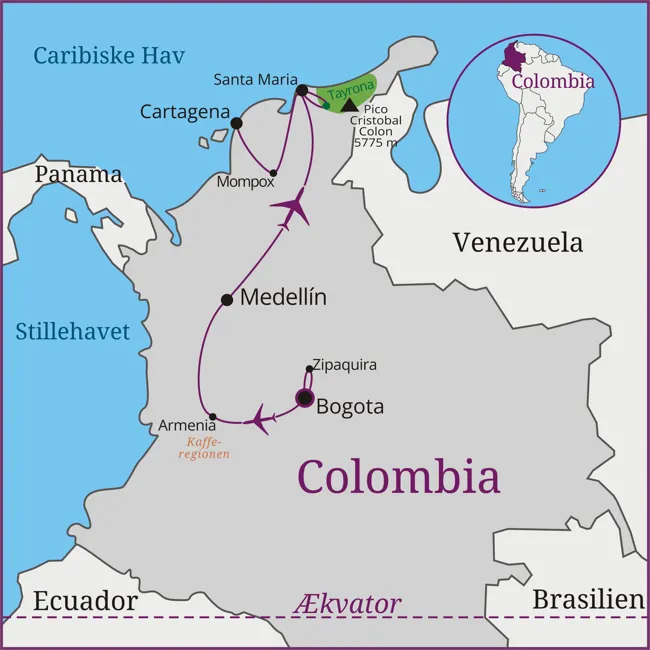 Kort over rejsen til Colombia - Bogota - Medellin - Santa Maria - Mompox - Cartagena